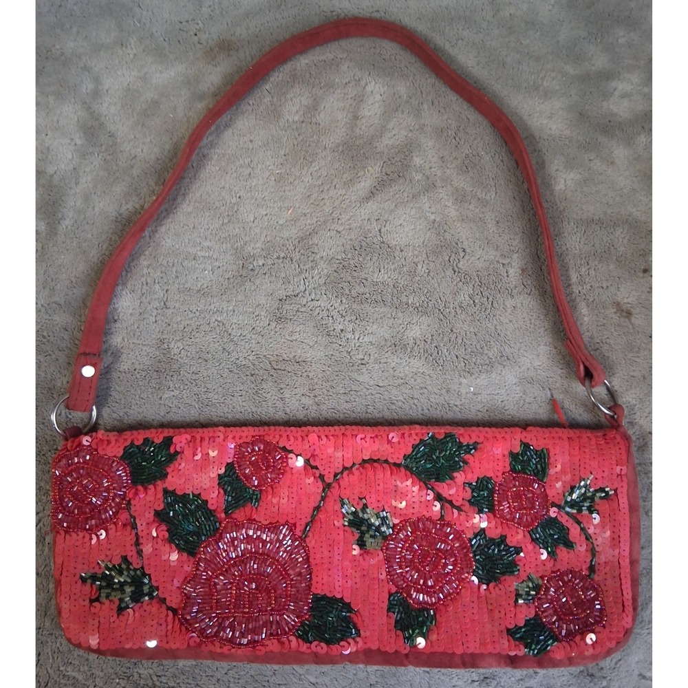Vintage Cache Red Beaded Sequin Rose Floral Baguette Shoulder Bag Y2K Evening - Picture 2 of 14